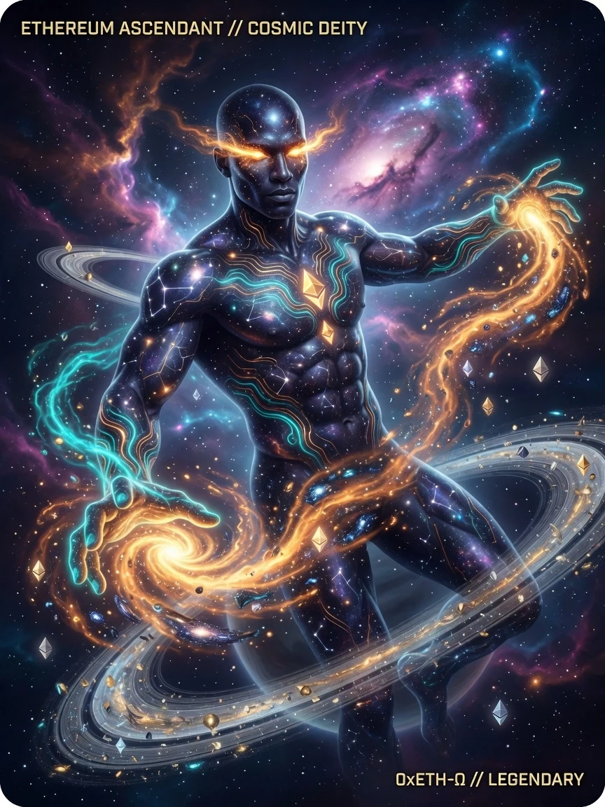 Full-body vertical trading card art (3:4 aspect ratio) of a magnificent, ethereal male cosmic deity made of pure Ethereum energy. He has a clearly visible, handsome and…