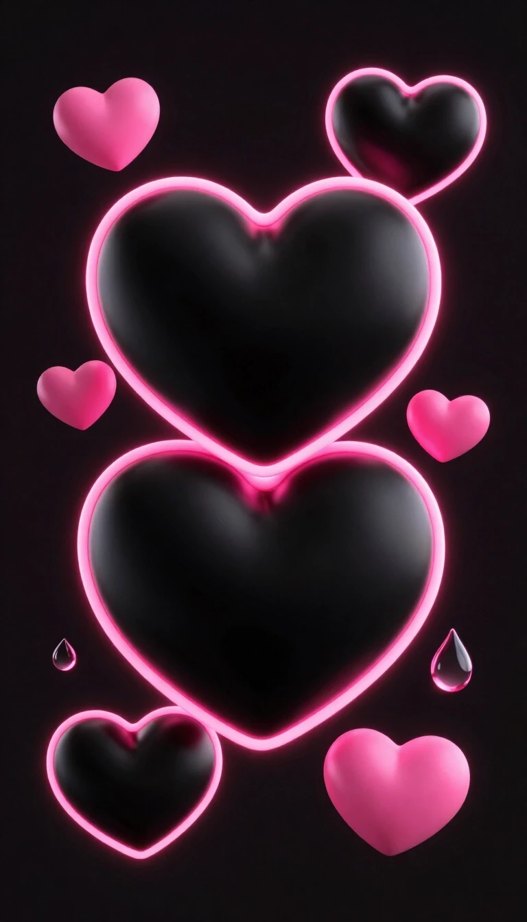 black heart-shaped objects, neon glow, pink hearts, water droplets, abstract, 3D render, dark background — работа пользователя Фантастический Риф