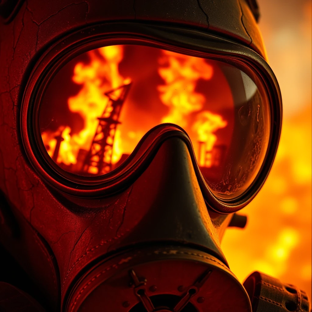 A hyper-realistic close-up of a Chernobyl liquidator’s Soviet-era gas mask, filling the frame with visceral detail. The mask’s thick rubber is cracked and stained with…