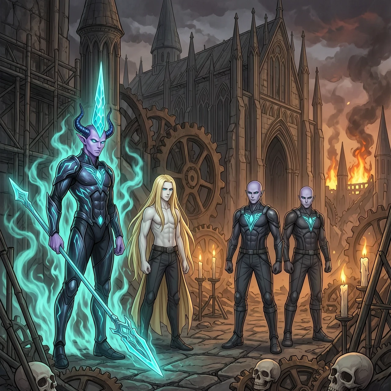 Epic group concept art in a grimdark gothic sci-fi universe. A monumental, ruined gothic cathedral serves as the backdrop, filled with massive decaying gears, flickering…