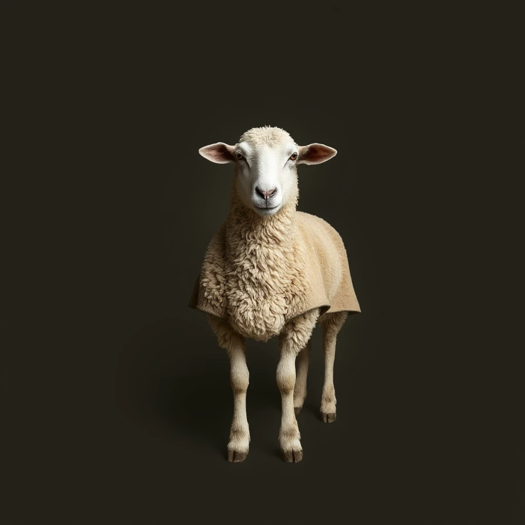 Draw a symmetrical frontal frame in the style of Wes Anderson for the A6 format. In the center is a full—length sheep (in a relaxed pose), with a light olive—colored cape on her…