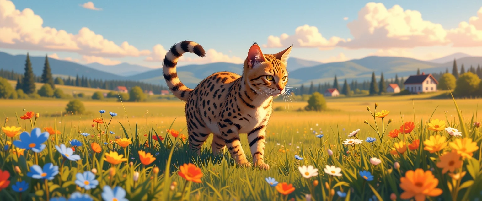 Кошка с двумя кошачьими хвостами за спиной породы савана играет на цветочном поле. Время суток ближе к вечеру. На фоне виднеются невысокие горы и уютные жилые домики. Добавь…