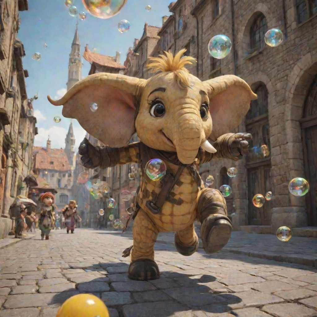 A huge yellow checkered elephant with leather wings is joyfully jumping on the stone pavement in black boots, surrounded by floppy-eared creatures in pointed hats blowing soap…