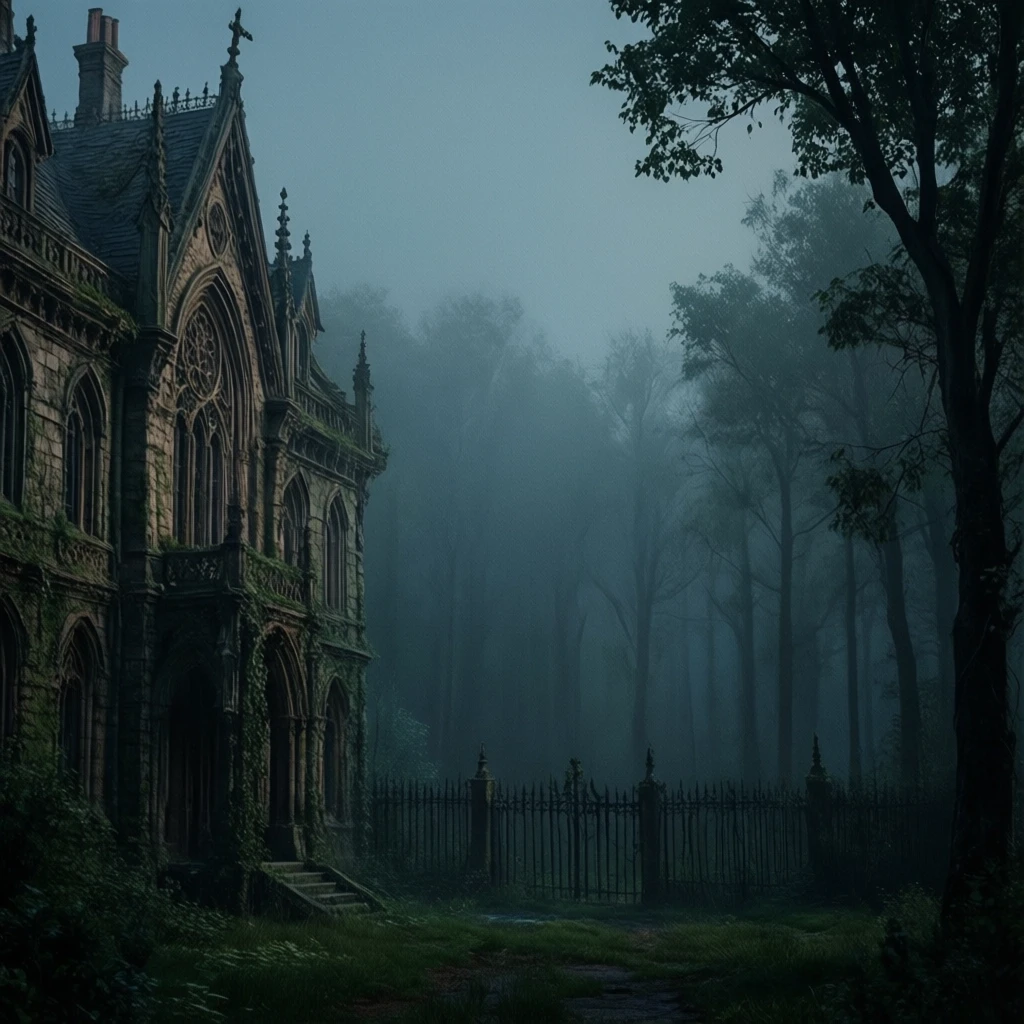 слева загадочное здание,Gothic II, за ее забором начинается лес, который скрыт на дальнем плане туманом. Вечер, приглушенные тона, стиль цифровая фентази живопись — работа…
