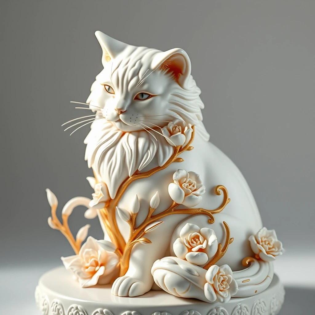Digital image in Baroque and rocaille style with elements of kintsugi technique. Close-up. (Decorative sculpture made of white porcelain: 1.5). Golden cracks. Volume. The…