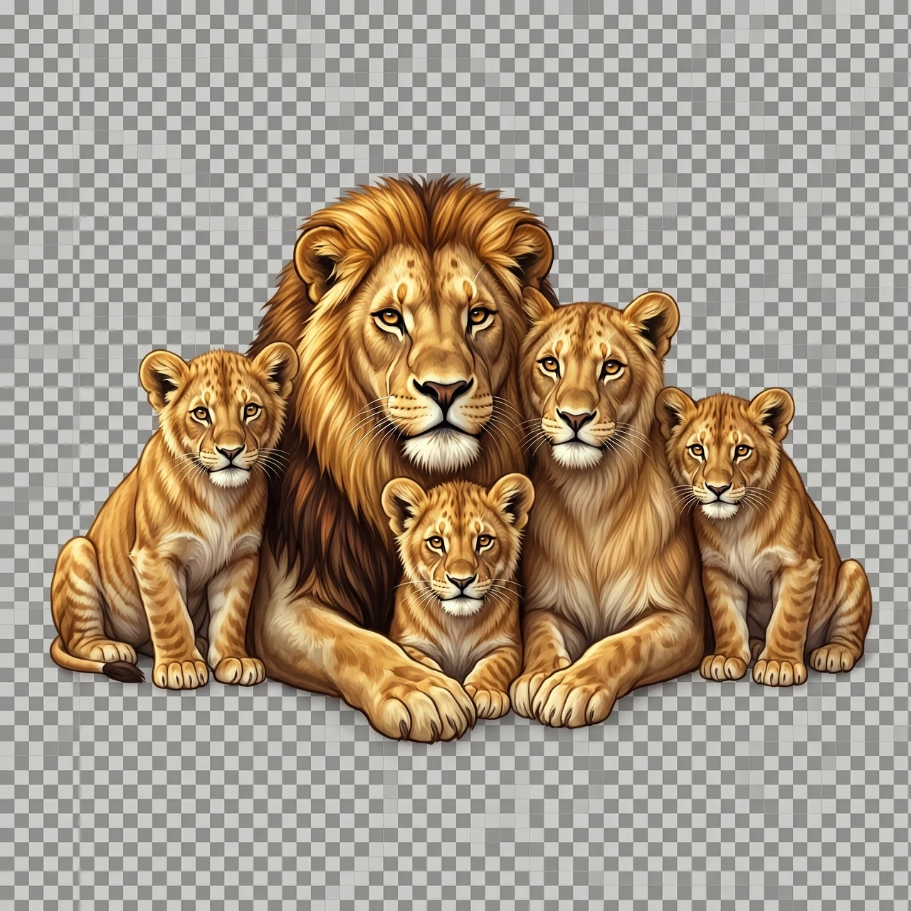 Draw a touching scene: a lion family, closely pressed against each other, conveys a sense of love, understanding, warmth, and affection. In the center is the father lion, next…