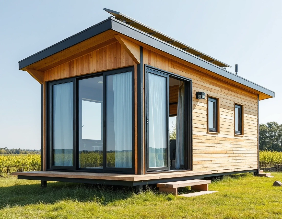Premium eco-friendly frame micro-house for rent, wooden architecture, black frames, solar panels on top, green grass lawn, bright summer day, architectural masterpiece. — работа…