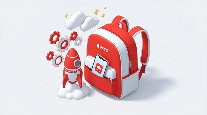 3D isometric illustration, school backpack with smartphone and rocket, cloud, gears, red and white color palette, MTS branding, soft shadows, clean background, 16:9 — работа…
