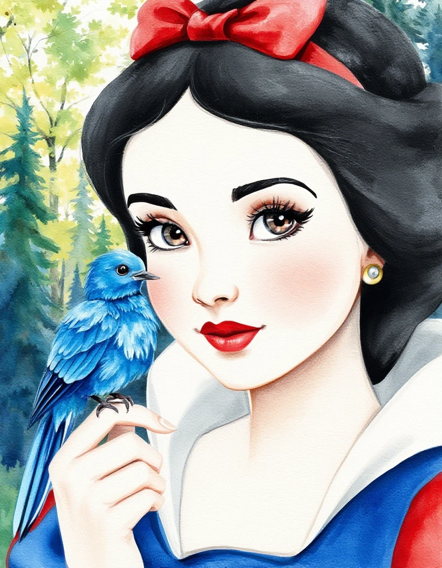A masterpiece. Creating an image. The style is watercolor painting. Delicate watercolor on raw material.((Snow white with white delicate skin, expressive eyes, clear facial…