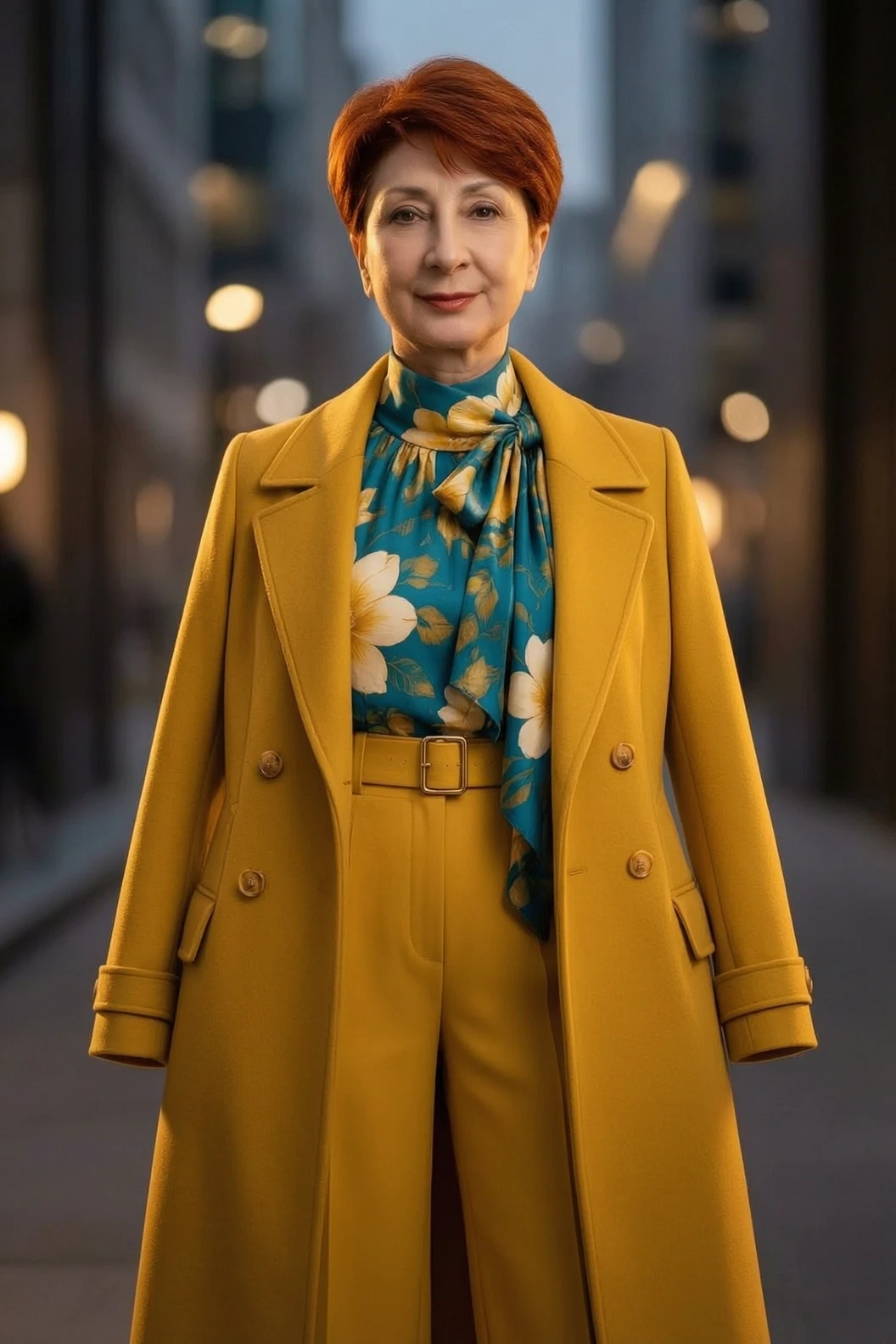 Photorealistic fashion portrait of the woman from the image, wearing the exact same outfit, layered with a high-end, elegant designer coat draped over her shoulders. The coat is…