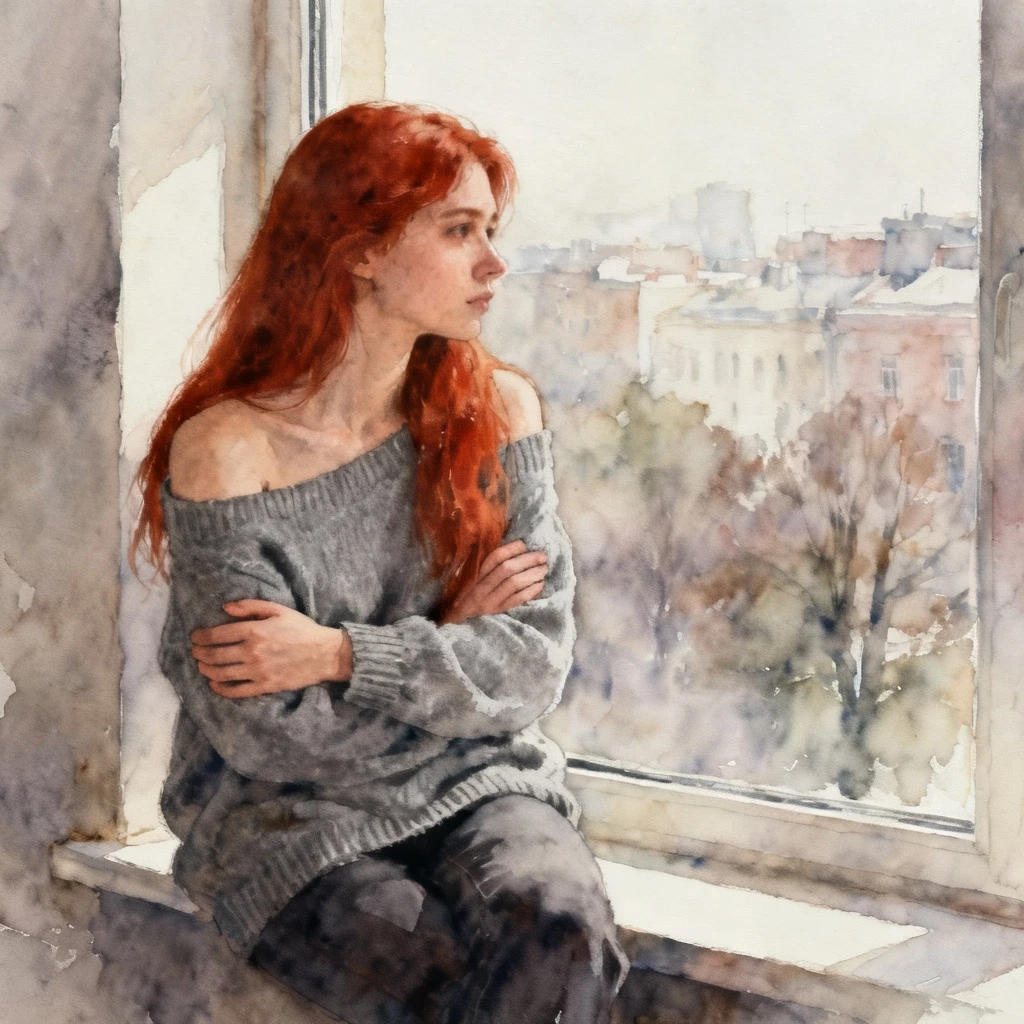 The image is a portrait of a young woman with long red hair. She is sitting on a window sill, looking out with a thoughtful expression on her face. The woman is wearing a gray…