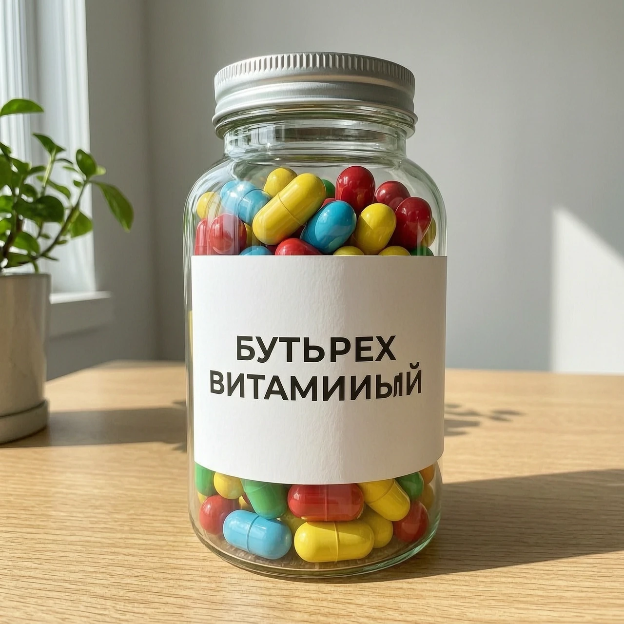 бутылек с разноцветными витаминками , на бутыльке белая этикетка — работа пользователя Яркая Саламандра