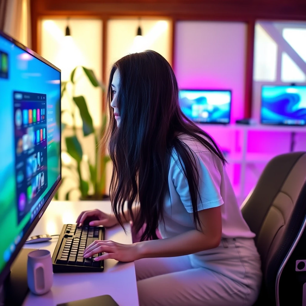 Woman playing computer game. Dark long hair, white jeans, white t-shirt. Nature — работа пользователя Могущественный Танец