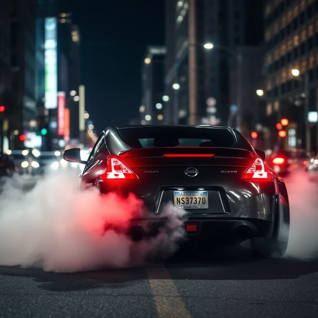 Nissan 370z делает бернаут на главной улице в ночном городе, тормоза раскалились, вид сзади, из колес идет дым — работа пользователя Быстрая Симметрия