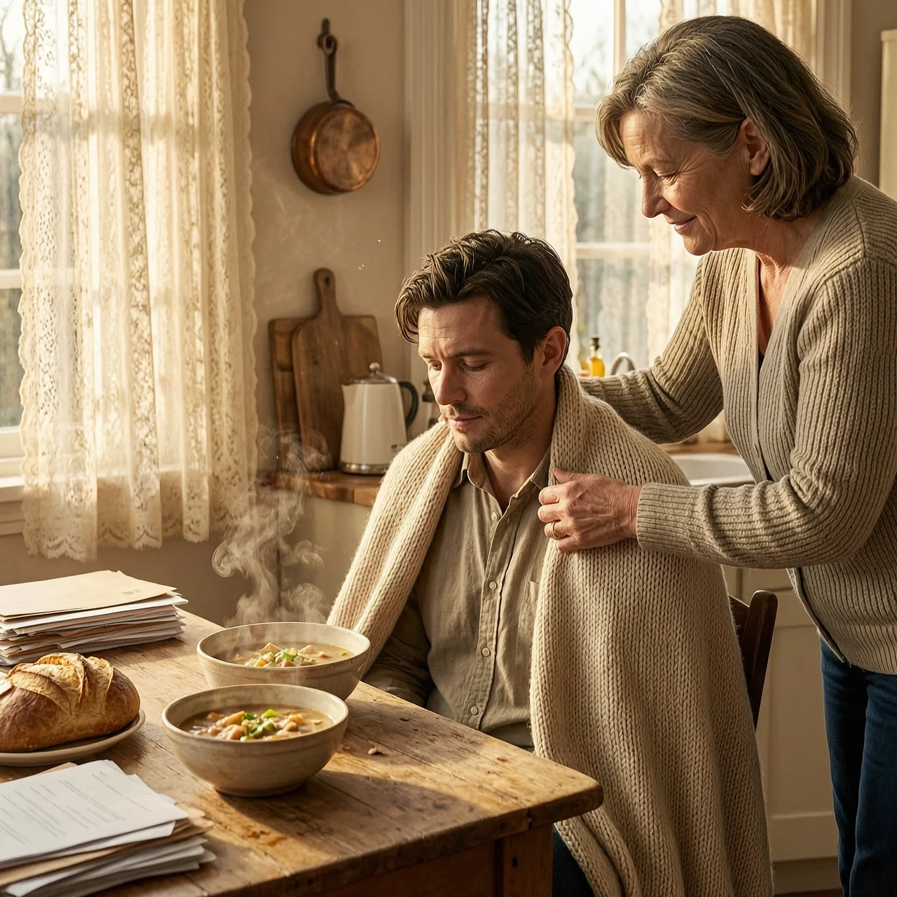 Cinematic photorealistic shot, emotional storytelling photography. A man in his late 20s, looking weary but deeply relieved, sits in a sun-drenched, cozy kitchen, resting in a…