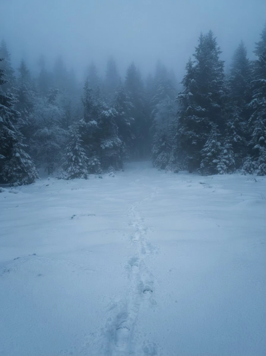 Generate in Pro-quality: A single set of footprints leading into a deep, misty snowy forest, concept of solitude and journey, soft blue tones, minimalist composition,…