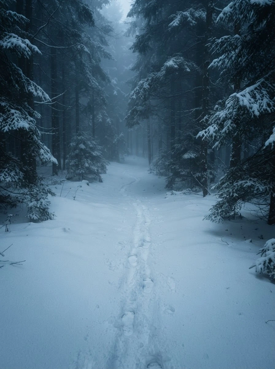Generate in Pro-quality: A single set of footprints leading into a deep, misty snowy forest, concept of solitude and journey, soft blue tones, minimalist composition,…
