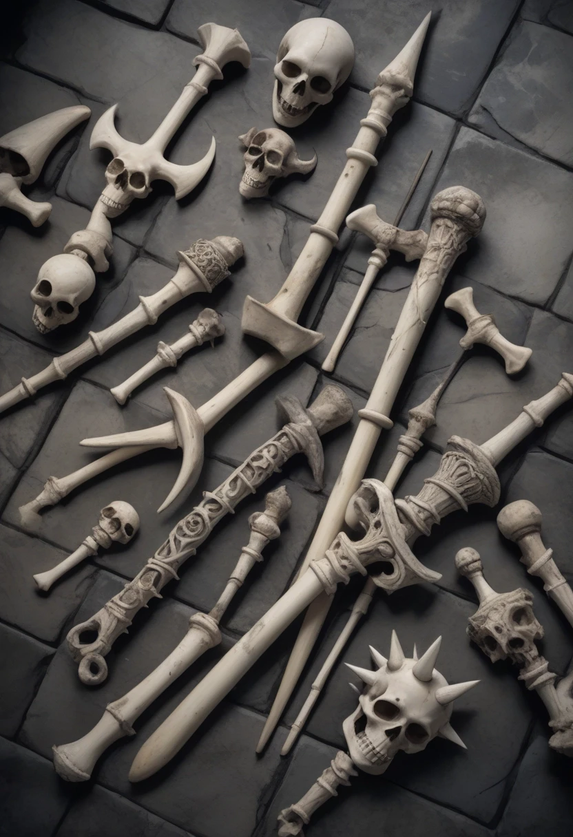 view strictly from above, several bone spiked clubs, crafted from ancient, weathered ivory-colored bone, laid out on the stone floor — работа пользователя Возвышенный Интерферометр