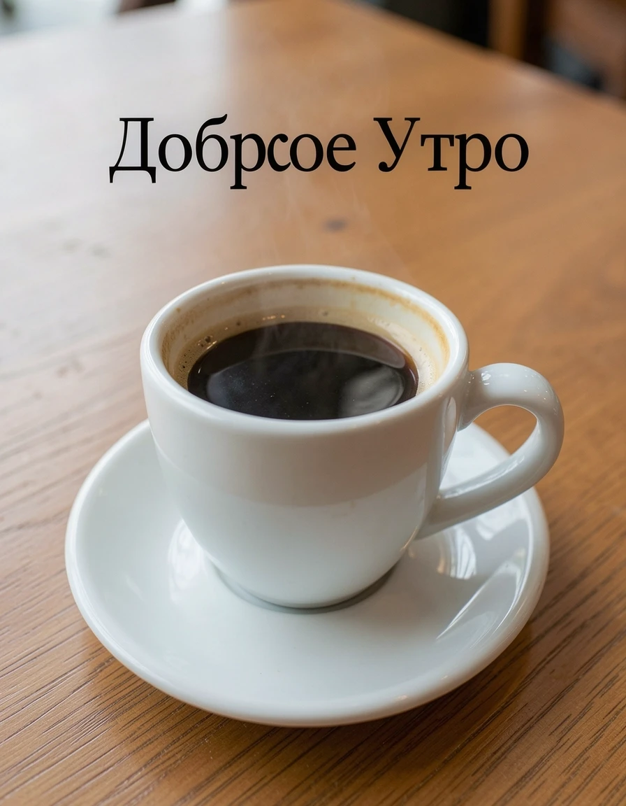 чашка кофе на столе. Вверху надпись на кириллице "Доброе Утро" — работа пользователя sva1945
