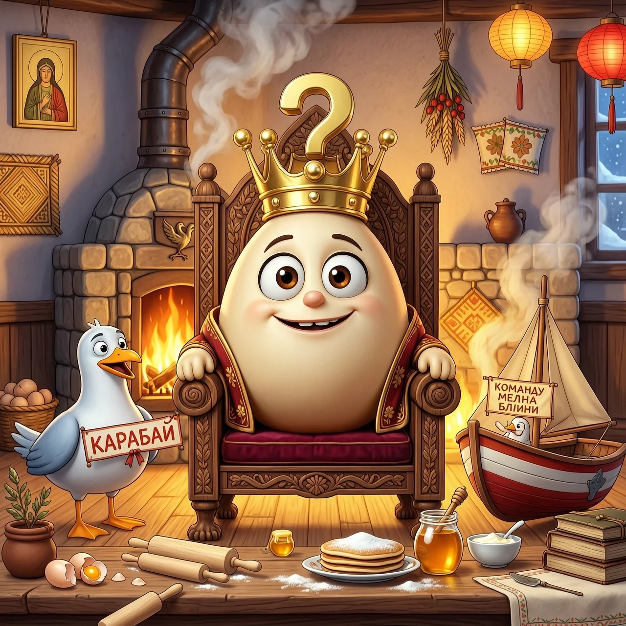 Картинка в стиле Pixar :трон на троне сидит яйцо с вопросительным знаком впереди на голове корона .с обной стороны шаньги поморские с другой коман мелна блины.типа каравай…