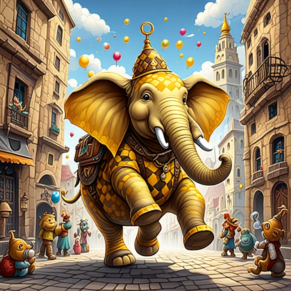 A huge yellow checkered elephant with leather wings is joyfully jumping on the stone pavement in black boots, surrounded by floppy-eared creatures in pointed hats blowing soap…