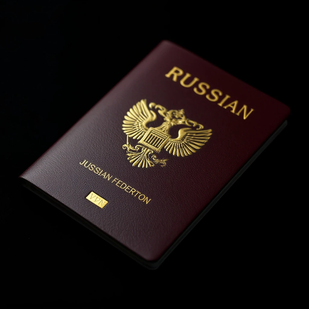 Photorealistic macro shot of a Russian passport on an absolute black background. The cover is dark burgundy leather with a crisp embossed double-headed eagle. Instead of the…