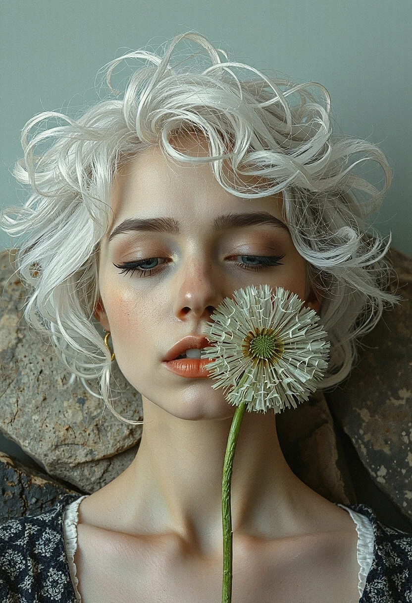 Description: Photorealistic detailed concept art in a minimalist style, various textures, stone and bark, aesthetic, attractive white albino woman looking down, mint lips,…