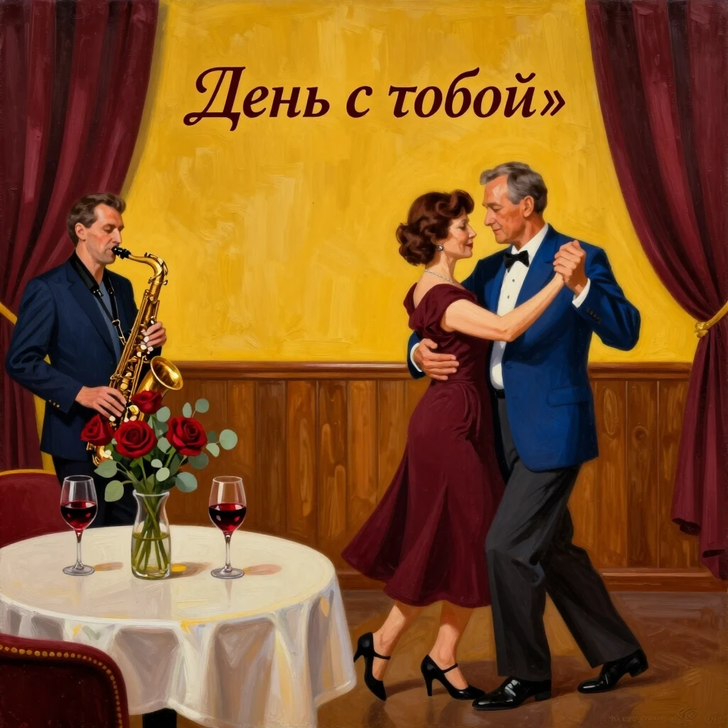 Нарисуй интерьер джаз‑клуба в стиле 1990‑х: тёплый жёлтый свет бра, тёмно‑бордовые бархатные шторы, деревянные панели на стенах, в глубине сцены — саксофонист в полутени. В…