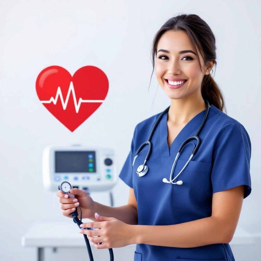 Professional vector graphics on a pristine white background. Nurse smiling, pressure measurement, heart health. — работа пользователя Радужный Чародей
