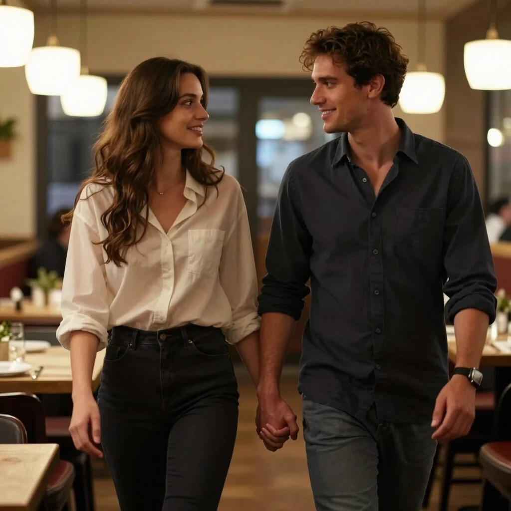 A romantic couple walking together inside a cozy restaurant, holding hands, cinematic lighting, realistic motion, 4k quality, natural face detail — работа пользователя…