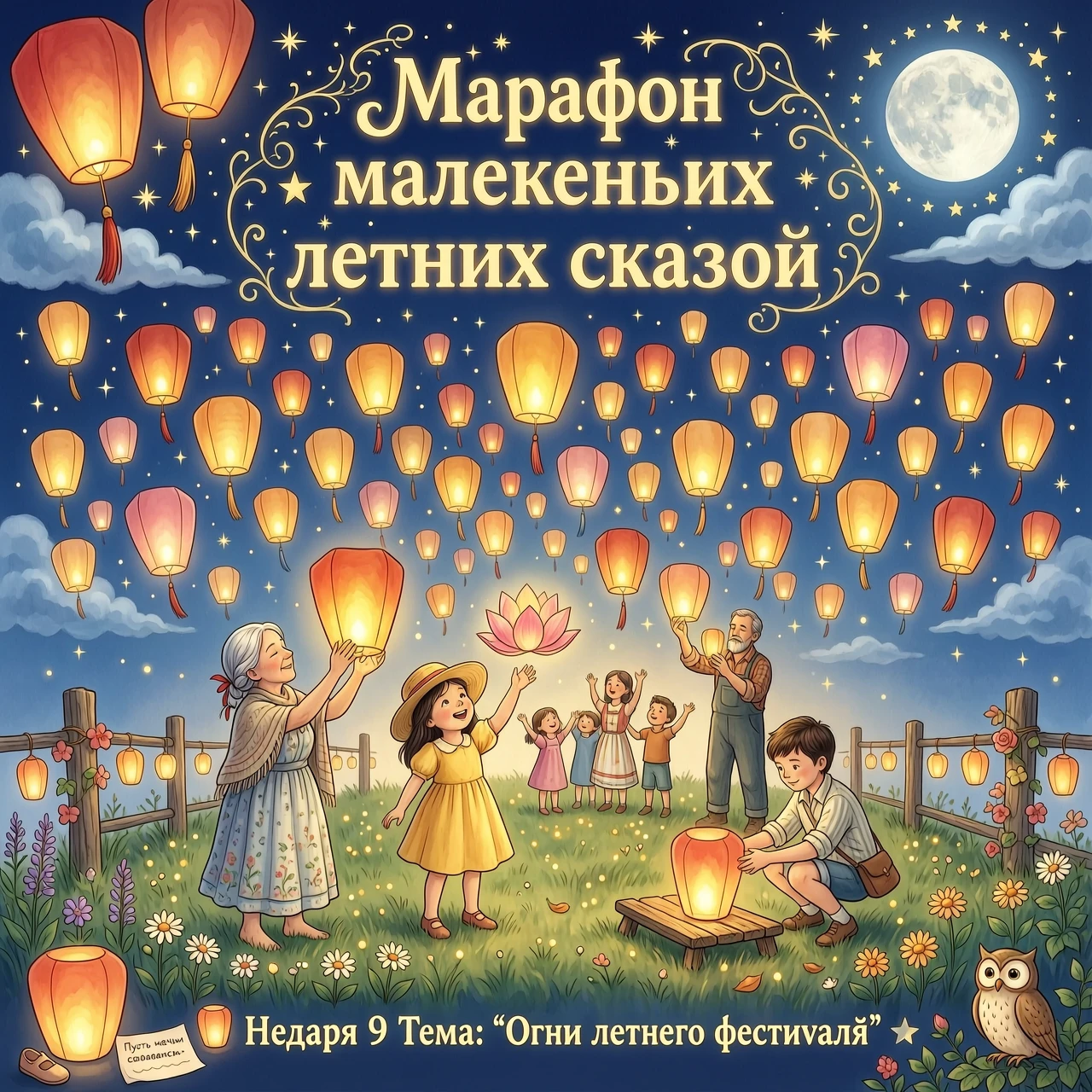 нарисуй картинку к посту. летний фестиваль фонариков. Деревенские жители запускают фонарики в небо и загадывают желание. стиль сказка, фентези. Надпись на картинке: Марафон…