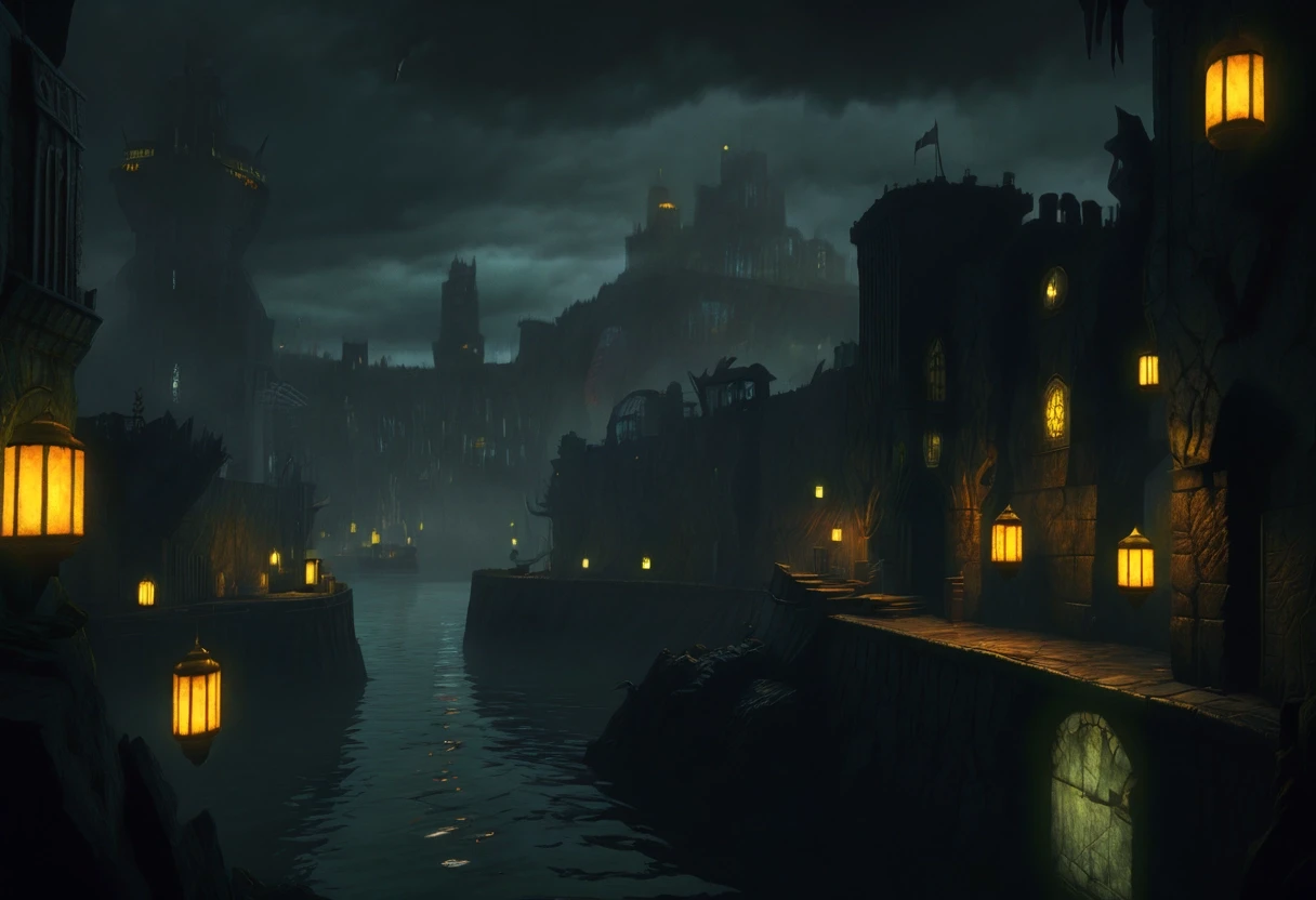 A view from the sea of a gloomy fantasy port in a dark fantasy setting. Stone walls enclose the city; beyond the city lies a gloomy forest; yellowish lanterns are burning in the…