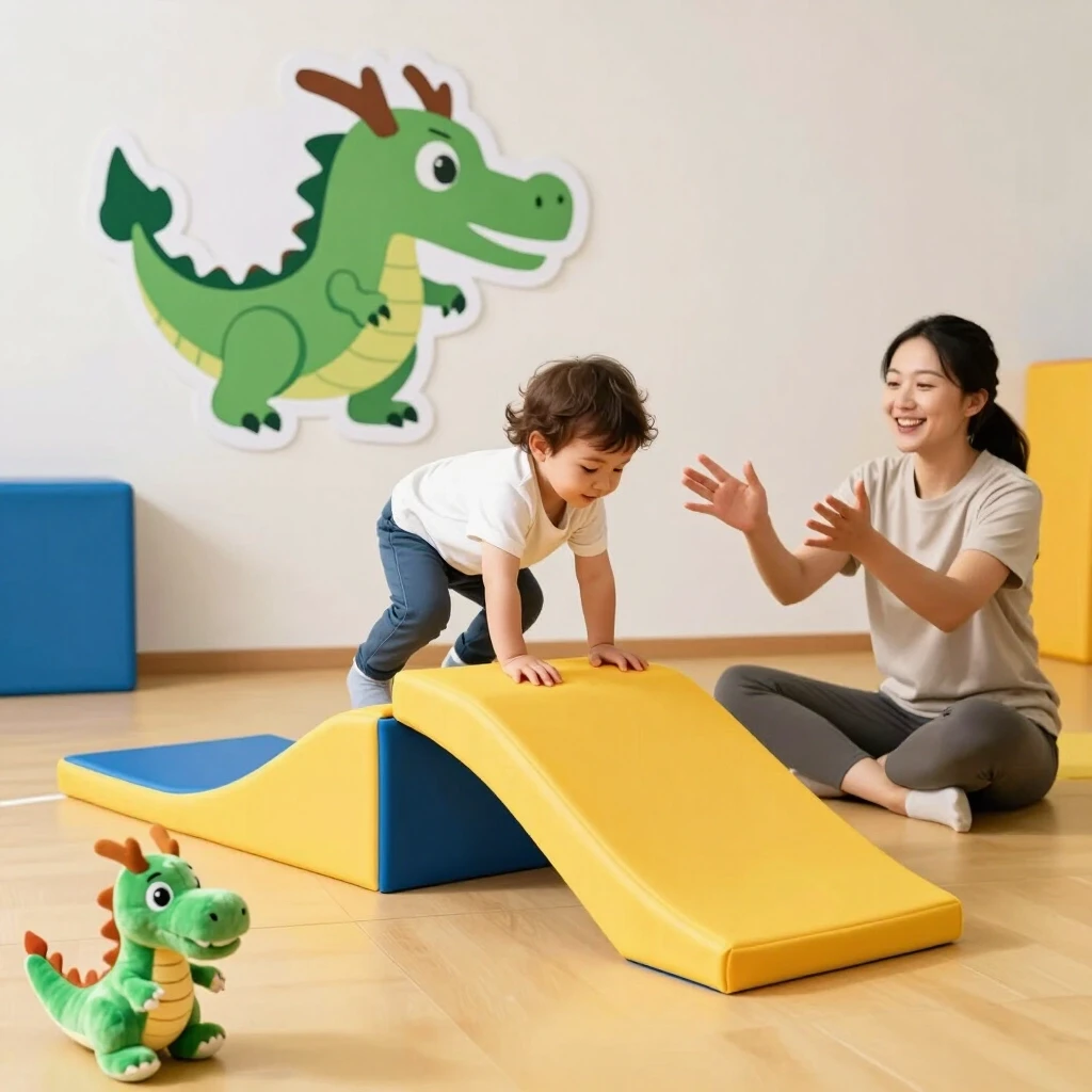 Cozy gym with soft foam blocks and ramps on the floor. A toddler (2 years old) is climbing over a foam balance beam, while a smiling mom sits nearby reaching out her hands. On…