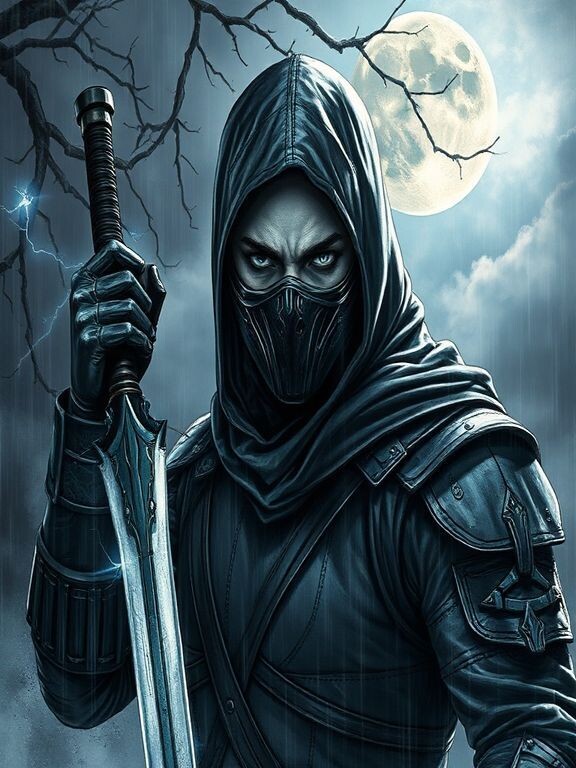 An epic image in the style of Cyberpunk fantasy. A spectacular outfit, drawing details and contours, drawing eyes, a stern determined look, a beautiful mask on his face in the…