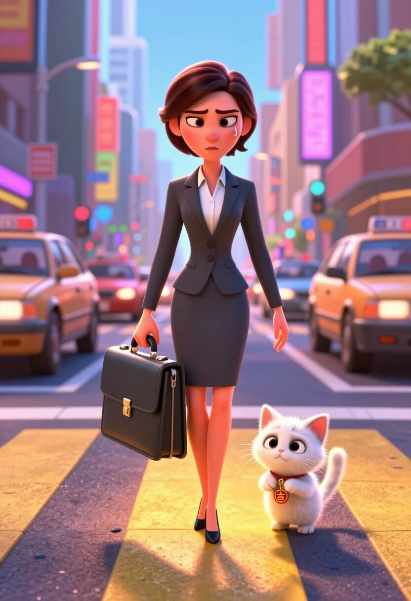 3D-rendered cinematic animation style, Pixar-level lighting, vibrant saturated colors, high-end octane render. A confident, sharp-dressed businesswoman in a power suit stands in…