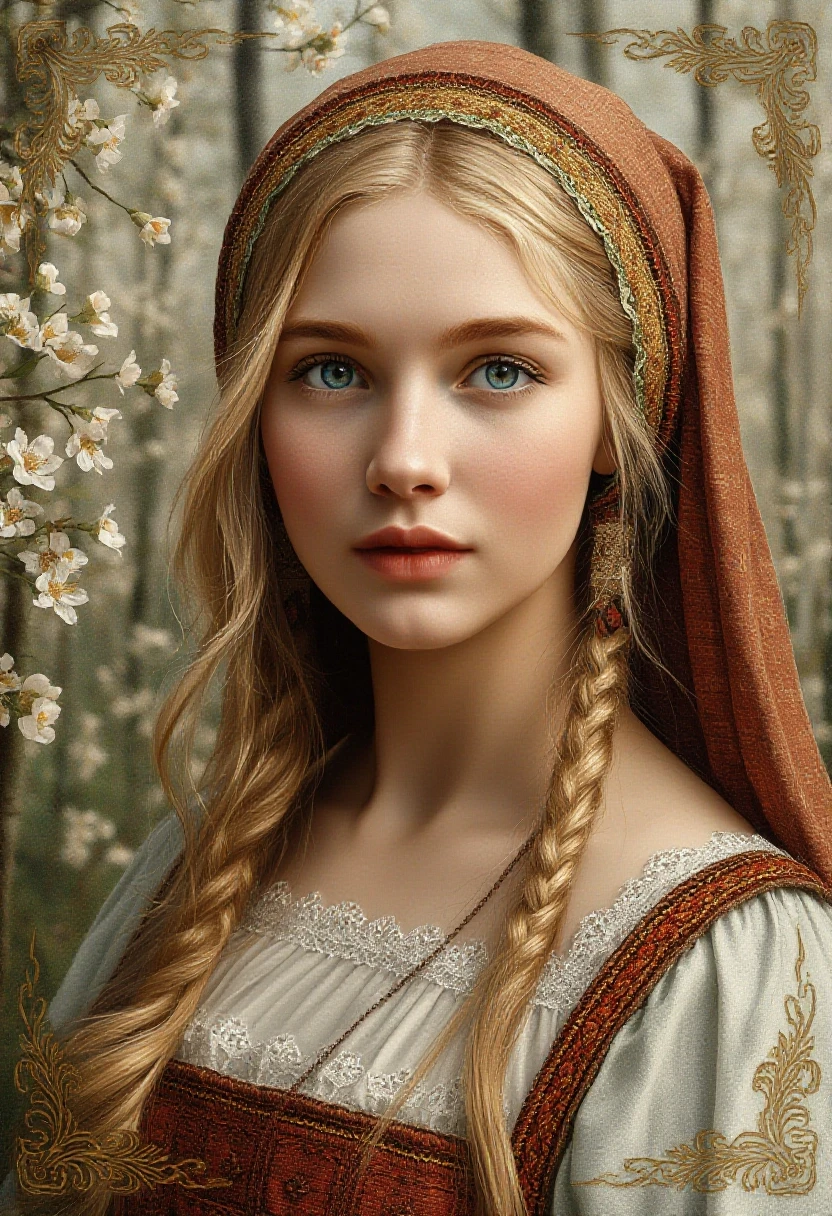 Russian Russians: A detailed portrait of a young woman of Slavic appearance from the 16th century in a traditional long Russian sundress and a traditional Russian cocoanut…