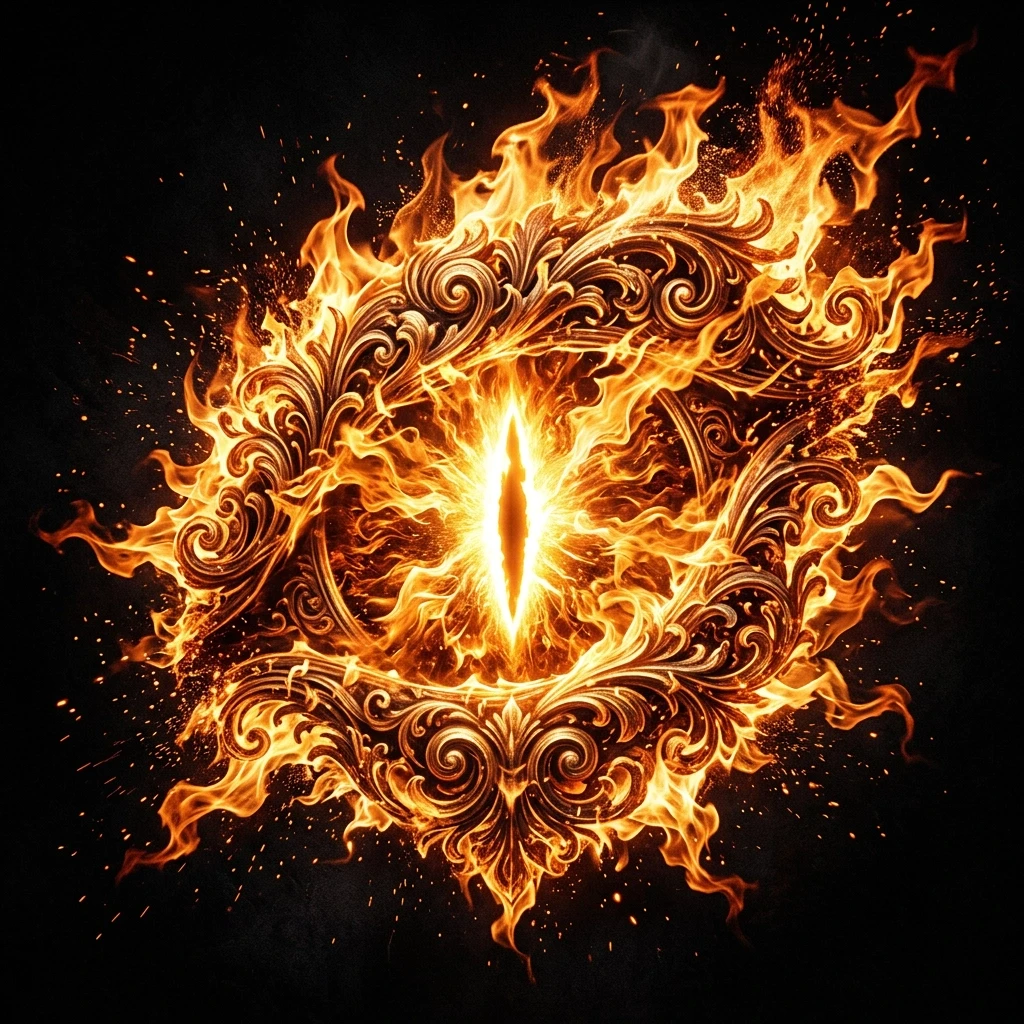 The Fiery Eye The picture shows flames in the shape of a dragon's pupil dancing on a black background. They resemble an explosion of energy, glowing in bright yellow and…