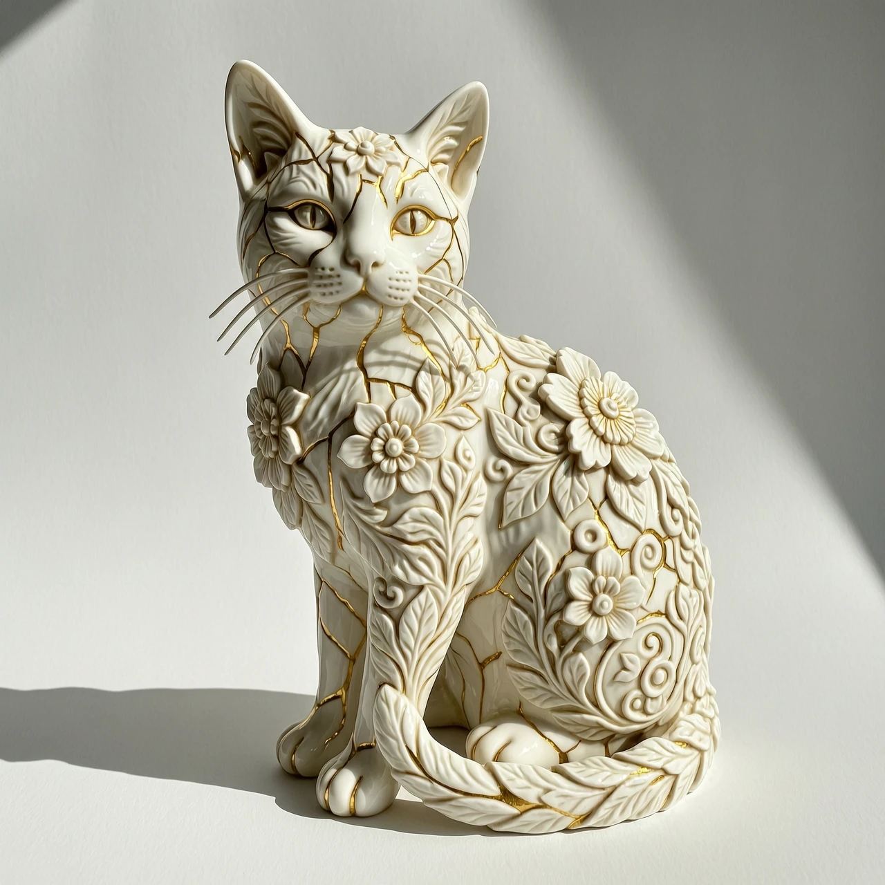 Digital image in Baroque and rocaille style with elements of kintsugi technique. Close-up. (Decorative sculpture made of white porcelain: 1.5). Golden cracks. Volume. The…