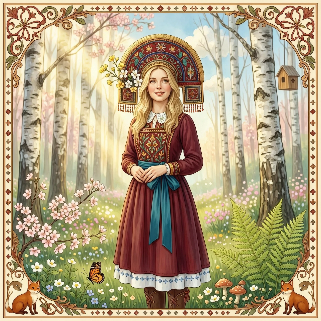 Russian Russians: A detailed portrait of a young woman of Slavic appearance from the 16th century in a traditional long Russian sundress and a traditional Russian cocoanut…