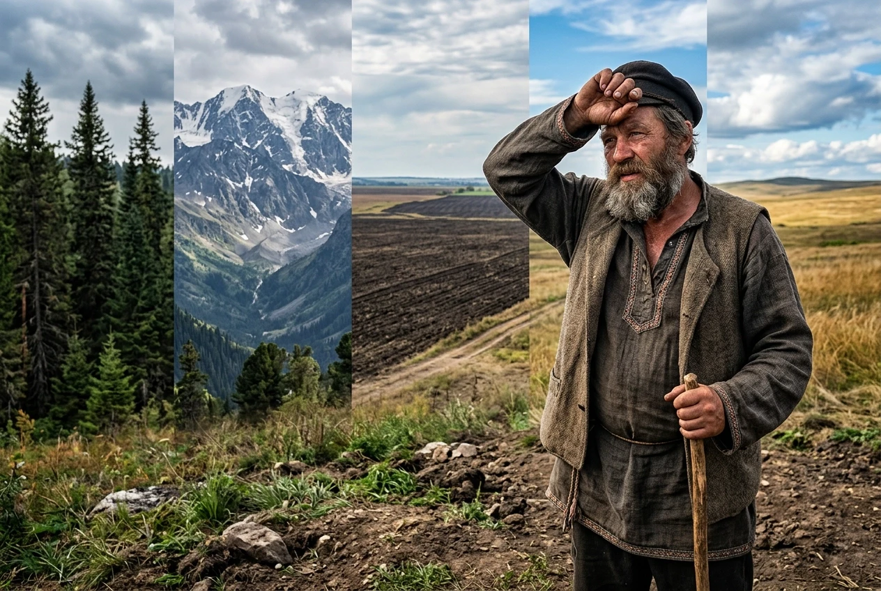В фотореалистичном стиле. На переднем плане в правой части изображения виден русский взрослый мужчина среднего возраста с бородой, в старинной крестьянской русской одежде.…