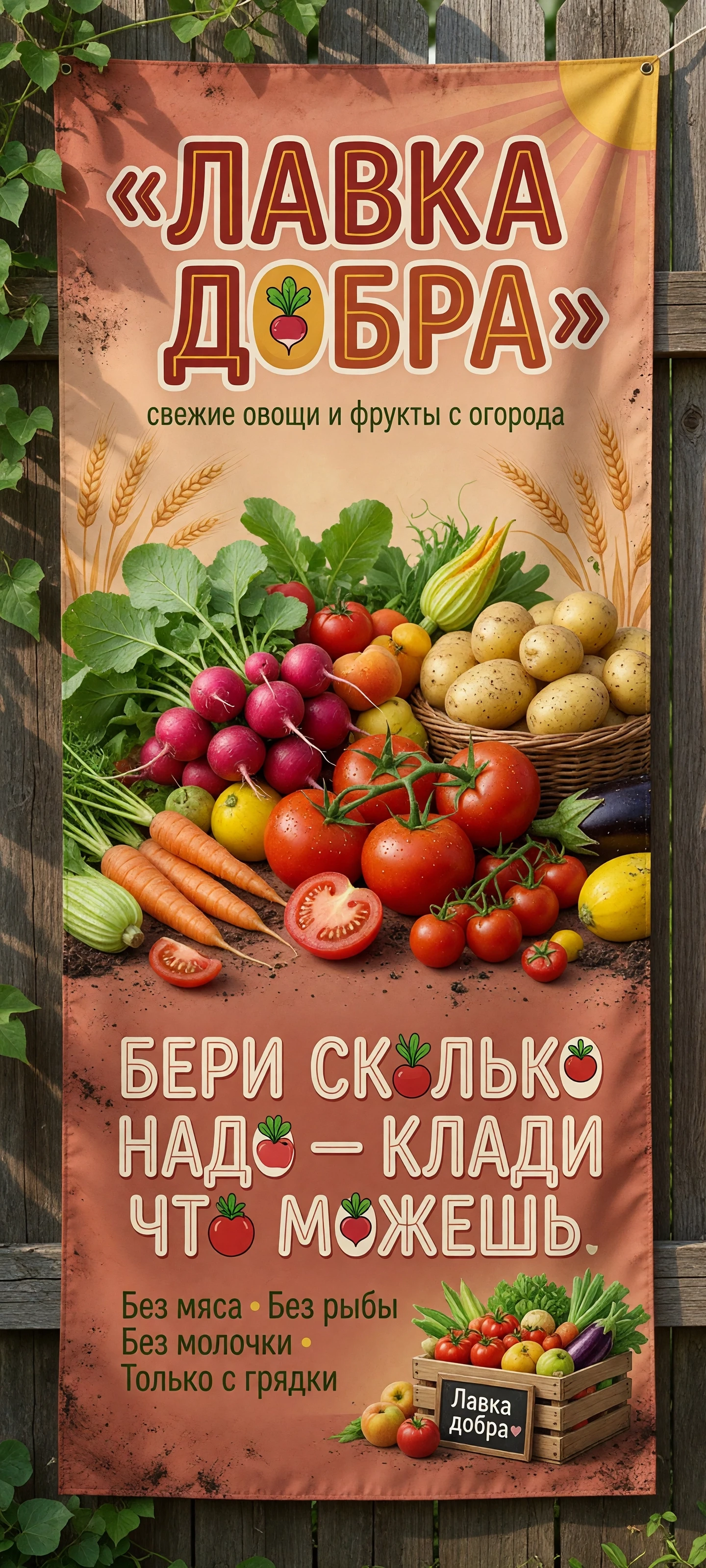 Макет баннера «Лавка добра» длина 2 метра, ширина 0.5 метра, в теплых тонах с летними овощами с огорода — картофелем, редисом и томатом . -свежие овощи и фрукты -без мяса, рыбы,…