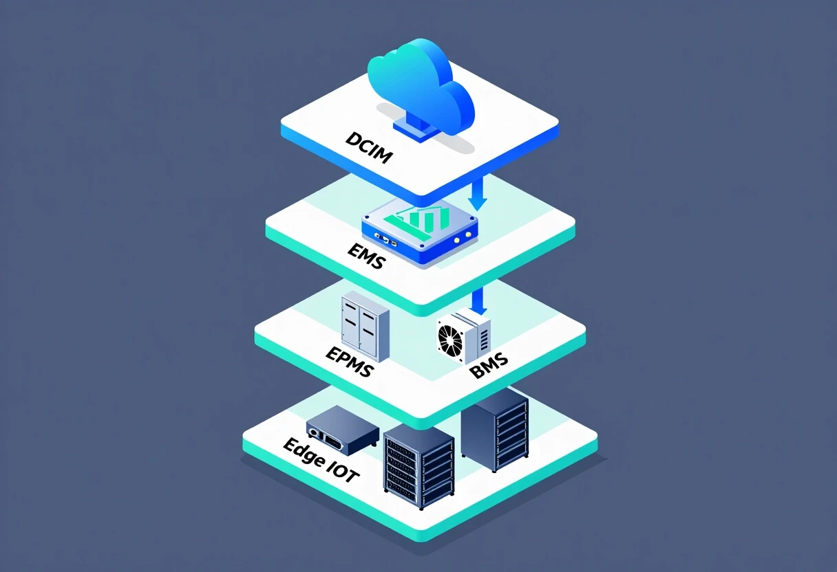 Isometric vector diagram showing data center systems hierarchy. Four stacked horizontal layers connected by vertical arrows: top layer is a DCIM cloud platform icon; second…