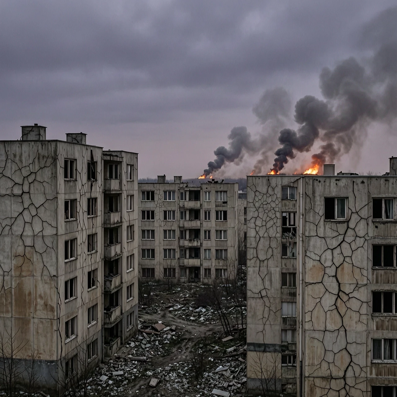 Мрачный безлюдный пейзаж, разрушенный брошенный город издалека, пятиэтажные панельные дома с пустыми тёмными окнами, трещины на фасадах, сумерки, тяжёлое серо-фиолетовое небо,…