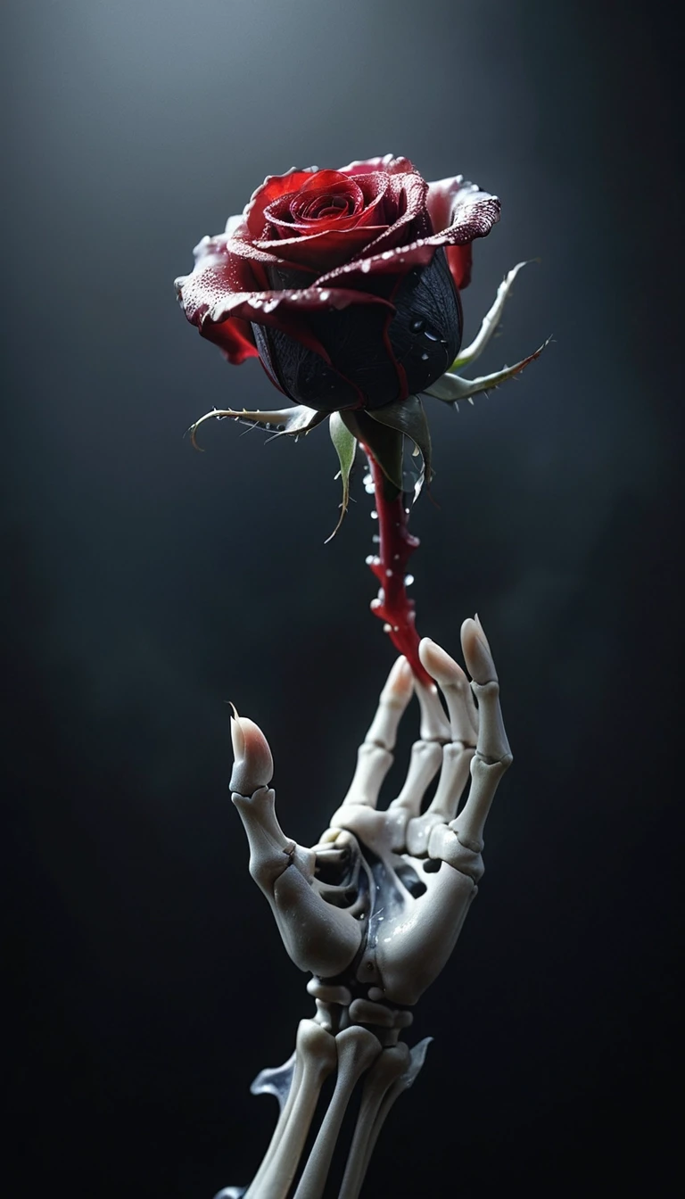 Masterpiece. best quality. Epic. cinematic. Award winning. Ultra detailed. dramatic. attention-grabbing. challenge winning. A skeletal hand delicately holds a single, perfect…