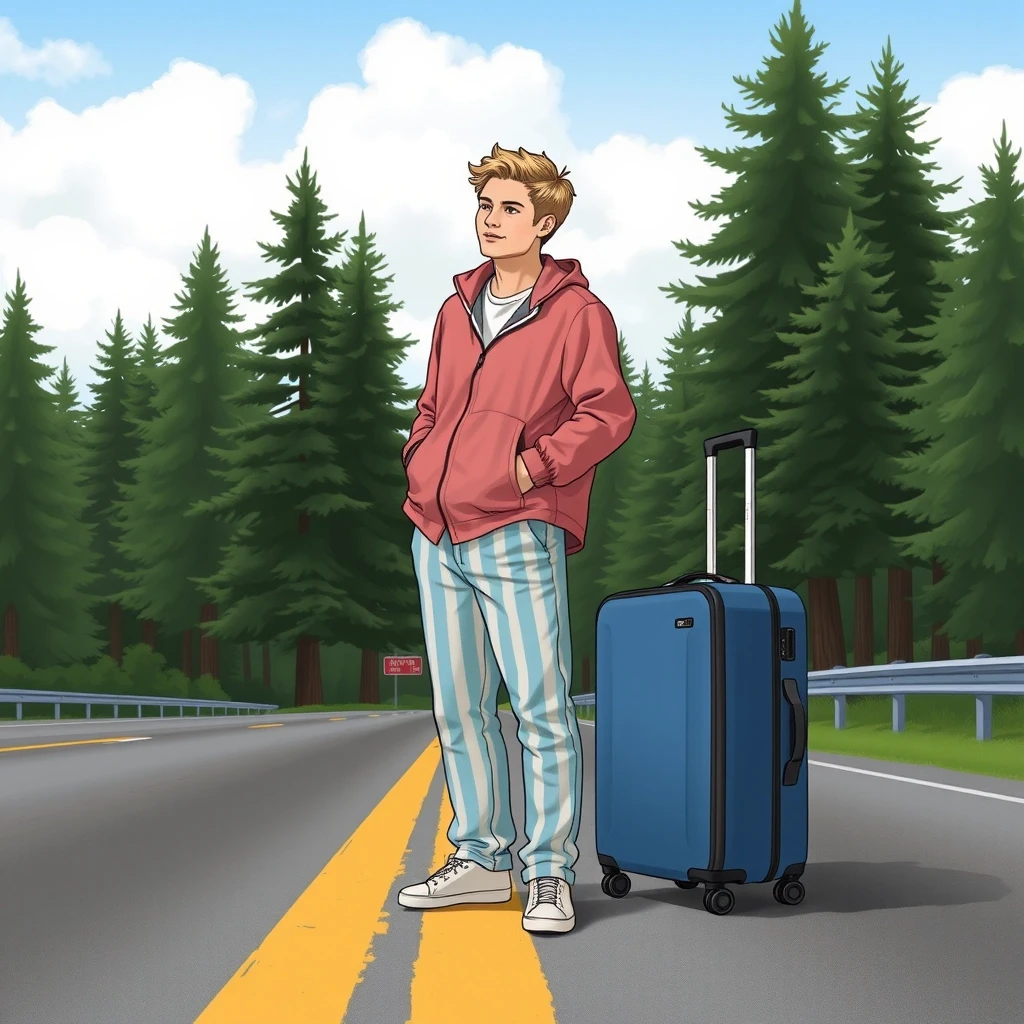 A mystical illustration of a handsome young man in his 20s with blond hair and eyes standing on a highway in the middle of a pine forest. He's wearing striped pajama pants…