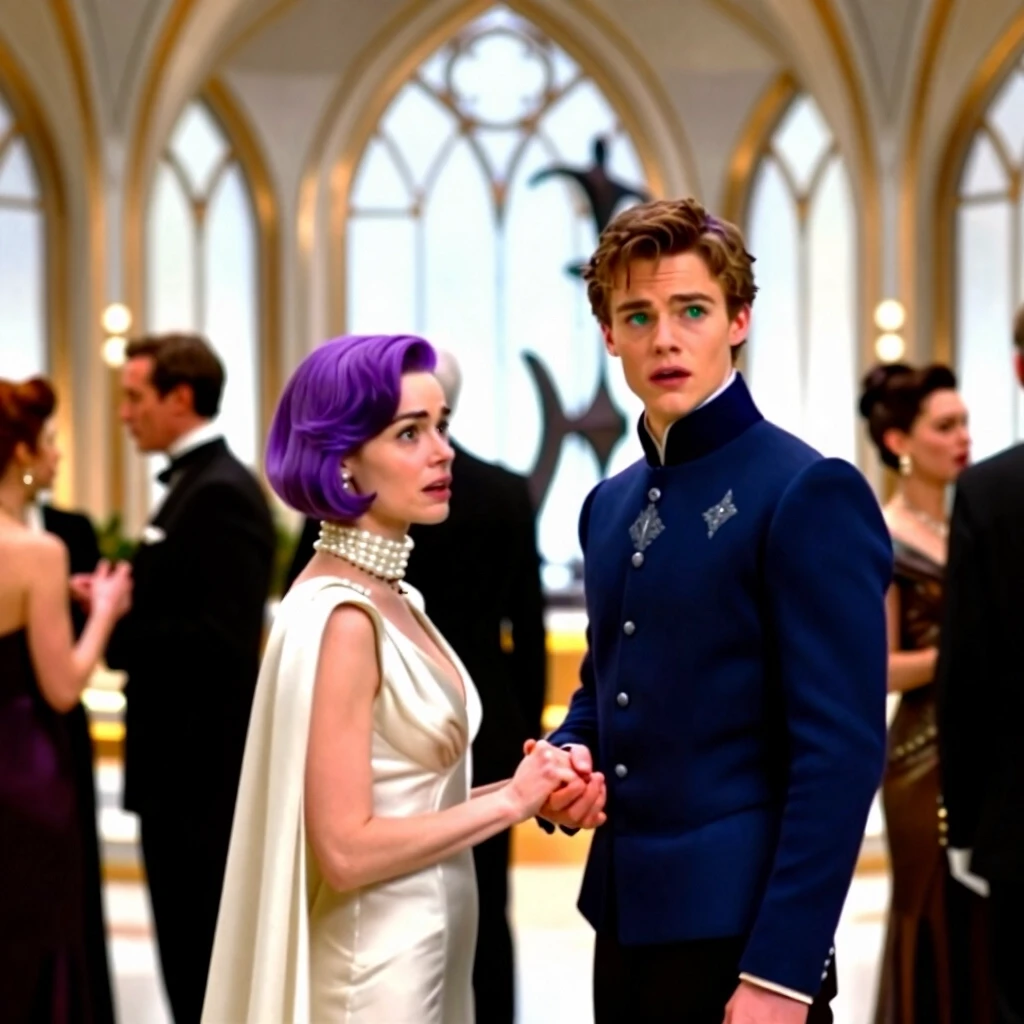 Cinematic film still, live-action movie shot. A handsome young 24-year-old green-eyed male and a beautiful young woman with short stylish purple hair, undercover as an…