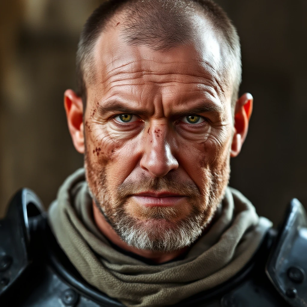 A middle-aged man with a calm gaze of green eyes, dressed in a crusader's uniform with black armor. He has scars on his face from the past. He doesn't have a beard and…