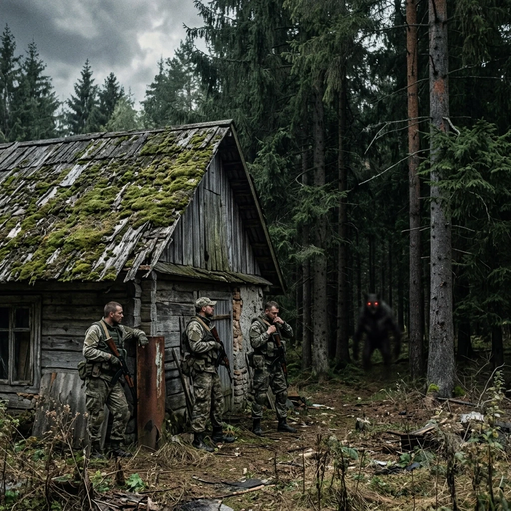 Хвойный лес. На опушке старая избушка на крыше мох. Возле неё трое военных. В глубине леса за деревьями тёмная размытая фигура существа с красными глазами. Время года лето. —…