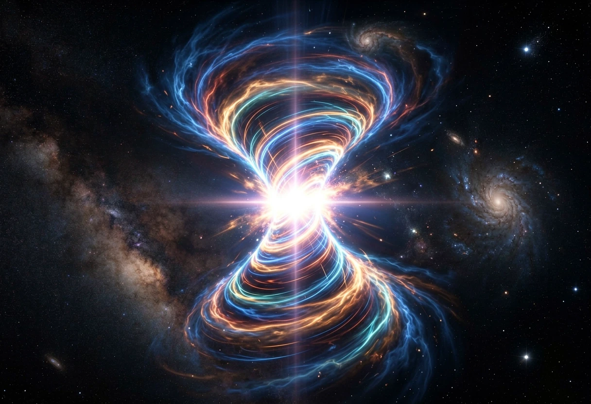 "A massive galactic quantum spiral shaped like an hourglass, consisting of two gigantic rotating energy funnels that taper and meet at the exact center. A blinding quantum…