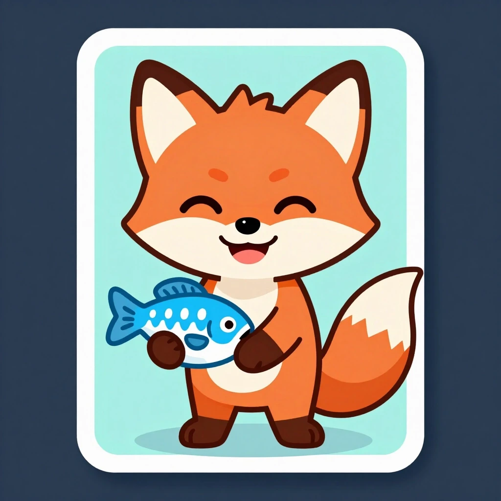 NFT character card. A fox with a fish in its paws, cheerful — работа пользователя Спиральная Волна